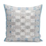 - K11535-Gorsel - Realhomes RealHomes Gri - Mavi Zeminde Dokuma Halı Motifli Kilim Desenli Dijital Baskılı Yastık Kırlent Kılıfı Realhomes