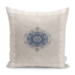 RealHomes Krem - Mavi Zeminde Çerçeveli Motifli Etnik Desenli Dijital Baskılı Yastık Kırlent Kılıfı Realhomes