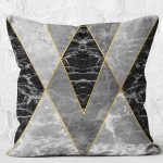- K11586-Gorsel-2 - Realhomes  RealHomes Gri - Siyah Zeminde Mermer Motifli Geometrik Desenli Dijital Baskılı Yastık Kırlent Kılıfı Realhomes