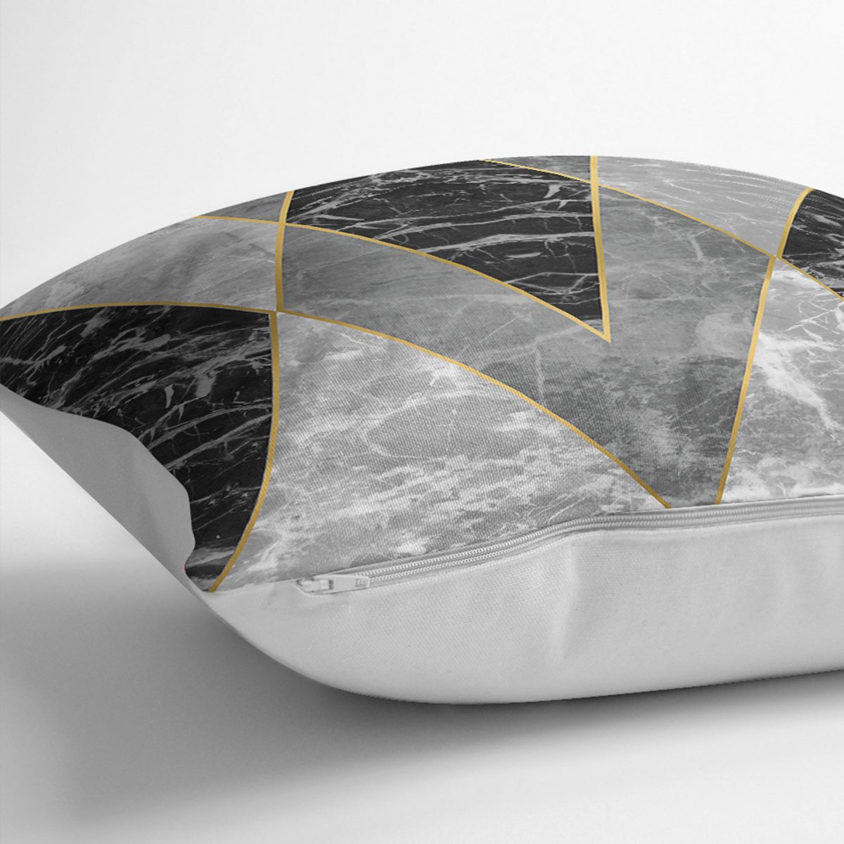 RealHomes Gri - Siyah Zeminde Mermer Motifli Geometrik Desenli Dijital Baskılı Yastık Kırlent Kılıfı Realhomes