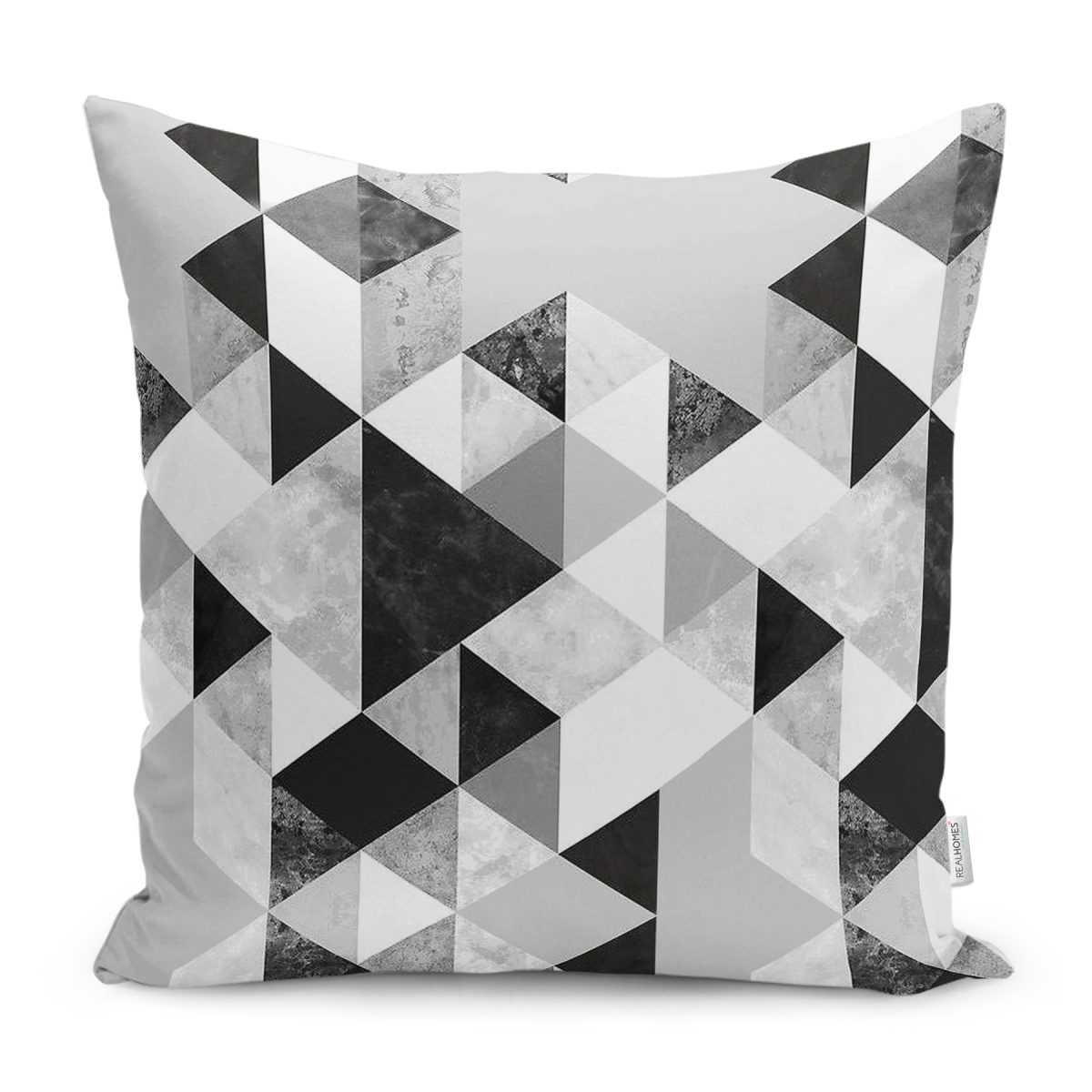 RealHomes Siyah - Beyaz Zeminde Geometrik Motifli Mermer Desenli Dijital Baskılı Yastık Kırlent Kılıfı Realhomes