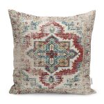 RealHomes Krem - Kırmızı Zeminde Hereke Motifli Dokuma Desenli Dijital Baskılı Yastık Kırlent Kılıfı Realhomes