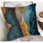 RealHomes Mavi - Gold Zeminde Kanvas Motifli Mermer Desenli Dijital Baskılı Yastık Kırlent Kılıfı Realhomes