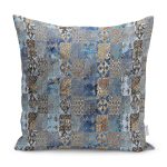 - K11677-Gorsel - Realhomes RealHomes Gold - Mavi Zeminde Kanvas Motifli Etnik Desenli Dijital Baskılı Yastık Kırlent Kılıfı Realhomes