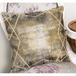 - K11694-Gorsel-1 - Realhomes RealHomes Gold - Gri Zeminde Çerçeveli Motifli Eskitme Desenli Dijital Baskılı Yastık Kırlent Kılıfı Realhomes