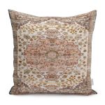 RealHomes Krem - Çok Renkli Zeminde Uşak Motifli Dokuma Halı Desenli Dijital Baskılı Yastık Kırlent Kılıfı Realhomes