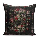 - K11725-Gorsel - Realhomes RealHomes Siyah - Kırmızı Zeminde Çiçek Motifli Eskitme Desenli Dijital Baskılı Yastık Kırlent Kılıfı Realhomes