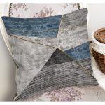RealHomes Gri - Mavi Zeminde Geometrik Motifli Gold Desenli Dijital Baskılı Yastık Kırlent Kılıfı Realhomes