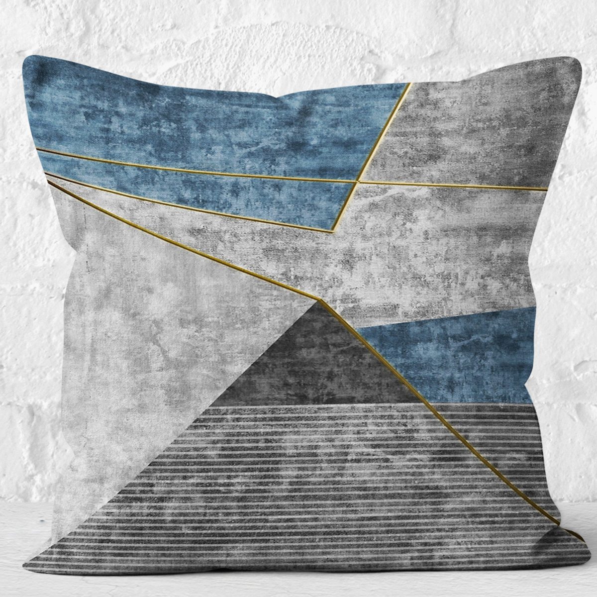 RealHomes Gri - Mavi Zeminde Geometrik Motifli Gold Desenli Dijital Baskılı Yastık Kırlent Kılıfı Realhomes
