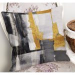 - K11777-Gorsel-1 - Realhomes  RealHomes Sarı - Gri Zeminde Altın Motifli Yağlıboya Desenli Dijital Baskılı Yastık Kırlent Kılıfı Realhomes