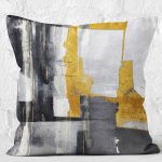 - K11777-Gorsel-2 - Realhomes  RealHomes Sarı - Gri Zeminde Altın Motifli Yağlıboya Desenli Dijital Baskılı Yastık Kırlent Kılıfı Realhomes