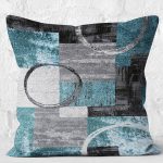 RealHomes Turkuaz Zeminde Eskitme Motifli Geometrik Desenli Dijital Baskılı Yastık Kırlent Kılıfı Realhomes