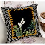 - K11801-Gorsel-1 - Realhomes RealHomes Siyah Zeminde Çerçeveli Motifli Çiçek Desenli Dijital Baskılı Yastık Kırlent Kılıfı Realhomes