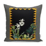 - K11801-Gorsel - Realhomes RealHomes Siyah Zeminde Çerçeveli Motifli Çiçek Desenli Dijital Baskılı Yastık Kırlent Kılıfı Realhomes