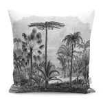 RealHomes Gri Zeminde Karakalem Motifli Kanvas Desenli Dijital Baskılı Yastık Kırlent Kılıfı Realhomes