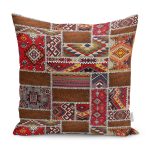 - K11844-Gorsel - Realhomes RealHomes Kırmızı Zeminde Patchwork Motifli Etnik Desenli Dijital Baskılı Yastık Kırlent Kılıfı Realhomes