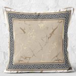 RealHomes Altın - Bej Zeminde Çerçeveli Motifli Mermer Desenli Dijital Baskılı Yastık Kırlent Kılıfı Realhomes