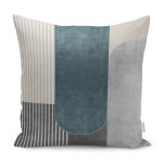 RealHomes Krem - Mavi Zeminde Modern Sanat Motifli Geometrik Desenli Dijital Baskılı Yastık Kırlent Kılıfı Realhomes