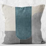 RealHomes Krem - Mavi Zeminde Modern Sanat Motifli Geometrik Desenli Dijital Baskılı Yastık Kırlent Kılıfı Realhomes