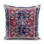 - K11924-Gorsel - Realhomes RealHomes Lacivert - Kırmızı Zeminde Göbekli Halı Motifli Antika Desenli Dijital Baskılı Yastık Kırlent Kılıfı Realhomes