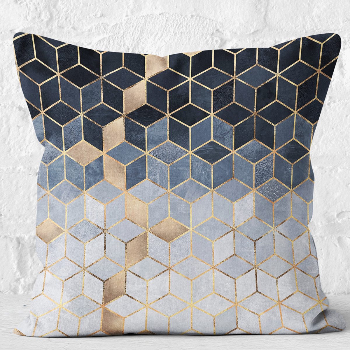 RealHomes Gri - Mavi Zeminde Mozaik Motifli Geometrik Desenli Dijital Baskılı Yastık Kırlent Kılıfı Realhomes