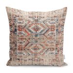 - K12057-Gorsel - Realhomes RealHomes Krem - Kırmızı Zeminde Kilim Motifli Etnik Desenli Dijital Baskılı Yastık Kırlent Kılıfı Realhomes