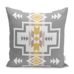 - K12088-Gorsel - Realhomes RealHomes Gri Zeminde Tribal Motifli Geometrik Desenli Dijital Baskılı Yastık Kırlent Kılıfı Realhomes