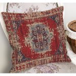 - K12096-Gorsel-1 - Realhomes RealHomes Kırmızı Zeminde Yöresel Motifli Kilim Desenli Dijital Baskılı Yastık Kırlent Kılıfı Realhomes