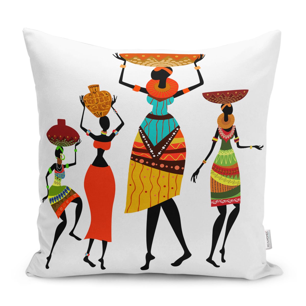 RealHomes Beyaz Zeminde Etnik Motifli Afrika Kadın Desenli Dijital Baskılı Yastık Kırlent Kılıfı Realhomes