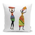 - K12116-Gorsel - Realhomes  RealHomes Beyaz Zeminde Geleneksel Motifli Afrika Kadın Desenli Dijital Baskılı Yastık Kırlent Kılıfı Realhomes