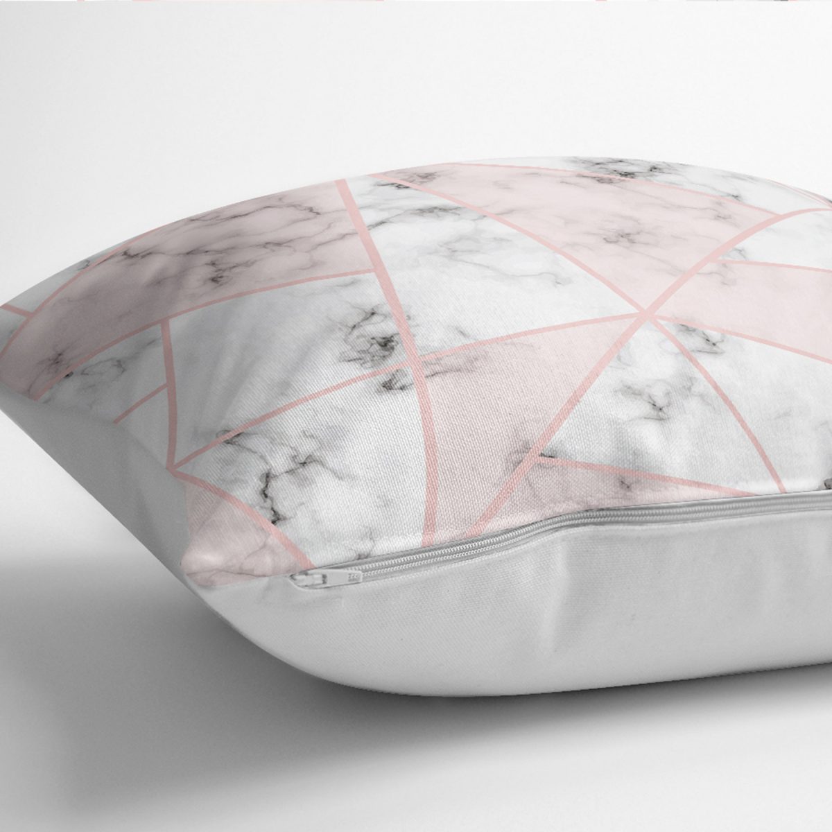 RealHomes Pembe - Beyaz Zeminde Mermer Motifli Geometrik Desenli Dijital Baskılı Yastık Kırlent Kılıfı Realhomes