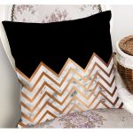 - K12128-Gorsel-1 - Realhomes RealHomes Siyah - Gold Zeminde Mermer Motifli Zikzak Desenli Dijital Baskılı Yastık Kırlent Kılıfı Realhomes