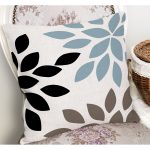 - K12177-Gorsel-1 - Realhomes  RealHomes Siyah - Mavi Zeminde Yaprak Motifli Modern Sanat Desenli Dijital Baskılı Yastık Kırlent Kılıfı Realhomes