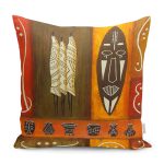 - K12194-Gorsel - Realhomes RealHomes Turuncu Kahverengi Zeminde Mask Motifli Afrika Desenli Dijital Baskılı Yastık Kırlent Kılıfı Realhomes