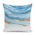 - K12210-Gorsel - Realhomes RealHomes Gold - Mavi Zeminde Mermer Motifli Kanvas Desenli Dijital Baskılı Yastık Kırlent Kılıfı Realhomes