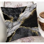 - K12214-Gorsel-1 - Realhomes RealHomes Gold - Siyah Zeminde Mermer Motifli Kanvas Desenli Dijital Baskılı Yastık Kırlent Kılıfı Realhomes