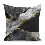 - K12214-Gorsel - Realhomes RealHomes Gold - Siyah Zeminde Mermer Motifli Kanvas Desenli Dijital Baskılı Yastık Kırlent Kılıfı Realhomes
