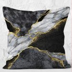 - K12214-Gorsel-2 - Realhomes RealHomes Gold - Siyah Zeminde Mermer Motifli Kanvas Desenli Dijital Baskılı Yastık Kırlent Kılıfı Realhomes