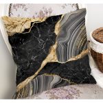 - K12215-Gorsel-1 - Realhomes RealHomes Gold - Siyah Zeminde Mermer Motifli Modern Sanat Desenli Dijital Baskılı Yastık Kırlent Kılıfı Realhomes