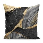 - K12215-Gorsel - Realhomes RealHomes Gold - Siyah Zeminde Mermer Motifli Modern Sanat Desenli Dijital Baskılı Yastık Kırlent Kılıfı Realhomes
