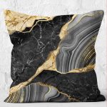 - K12215-Gorsel-2 - Realhomes RealHomes Gold - Siyah Zeminde Mermer Motifli Modern Sanat Desenli Dijital Baskılı Yastık Kırlent Kılıfı Realhomes