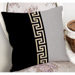 - K12218-Gorsel-1 - Realhomes RealHomes Gold - Siyah Zeminde Geometrik Motifli Klasik Desenli Dijital Baskılı Yastık Kırlent Kılıfı Realhomes