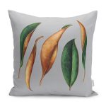 - K12220-Gorsel - Realhomes  RealHomes Gri - Yeşil Zeminde Kanvas Motifli Yapraklar Desenli Dijital Baskılı Yastık Kırlent Kılıfı Realhomes
