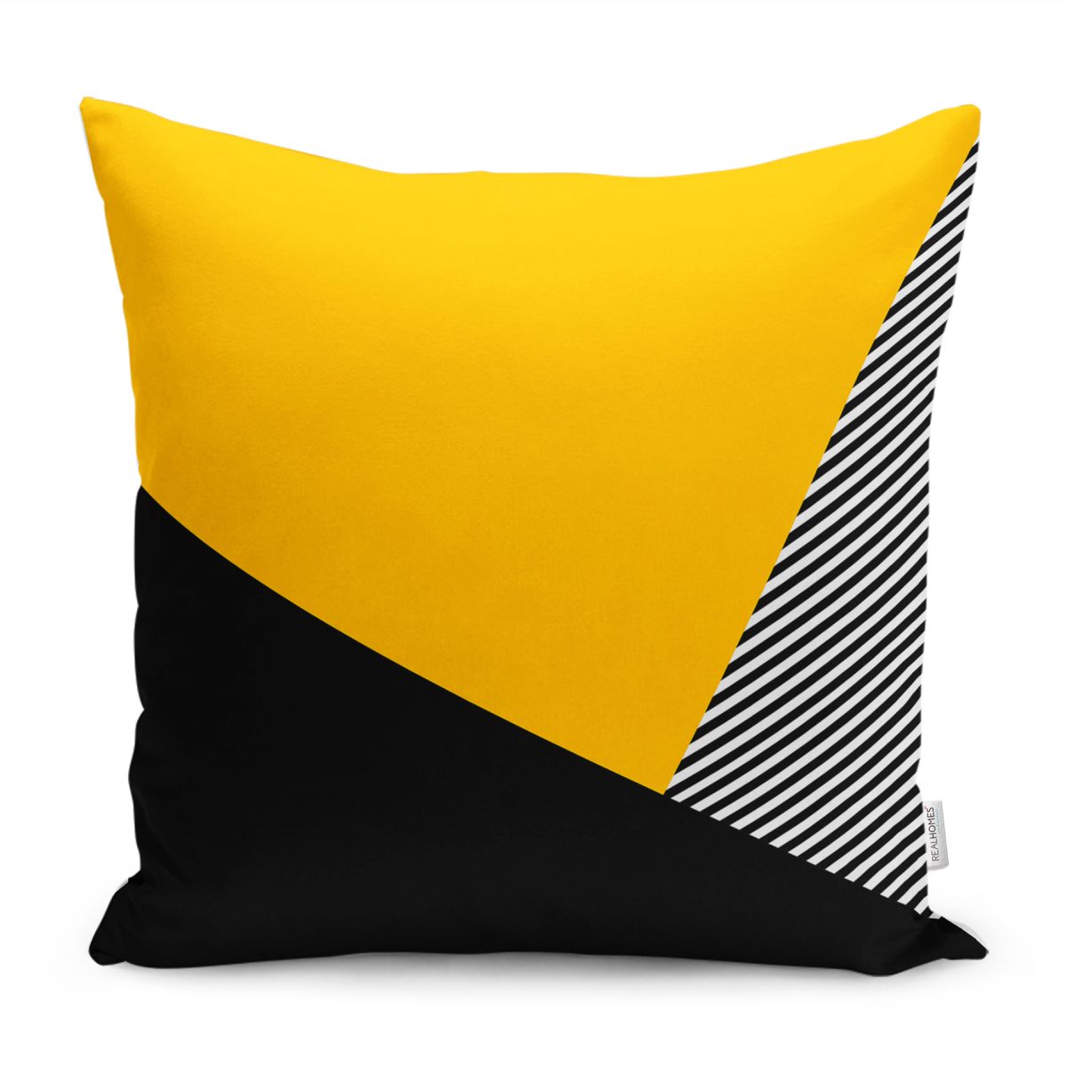 RealHomes Sarı - Siyah Zeminde Modern Motifli Geometrik Desenli Dijital Baskılı Yastık Kırlent Kılıfı Realhomes