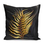 - K12229-Gorsel - Realhomes RealHomes Gold - Siyah Zeminde Modern Sanat Motifli Tropik Yaprak Desenli Dijital Baskılı Yastık Kırlent Kılıfı Realhomes