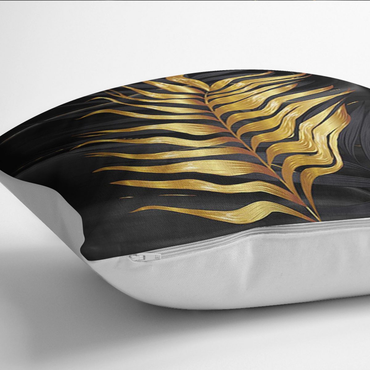 RealHomes Gold - Siyah Zeminde Modern Sanat Motifli Tropik Yaprak Desenli Dijital Baskılı Yastık Kırlent Kılıfı Realhomes