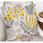 - K12234-Gorsel-1 - Realhomes  RealHomes Sarı - Gri Zeminde Çiçek ve Yaprak Motifli Floral Desenli Dijital Baskılı Yastık Kırlent Kılıfı Realhomes