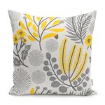 - K12234-Gorsel - Realhomes  RealHomes Sarı - Gri Zeminde Çiçek ve Yaprak Motifli Floral Desenli Dijital Baskılı Yastık Kırlent Kılıfı Realhomes