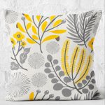 - K12234-Gorsel-2 - Realhomes  RealHomes Sarı - Gri Zeminde Çiçek ve Yaprak Motifli Floral Desenli Dijital Baskılı Yastık Kırlent Kılıfı Realhomes