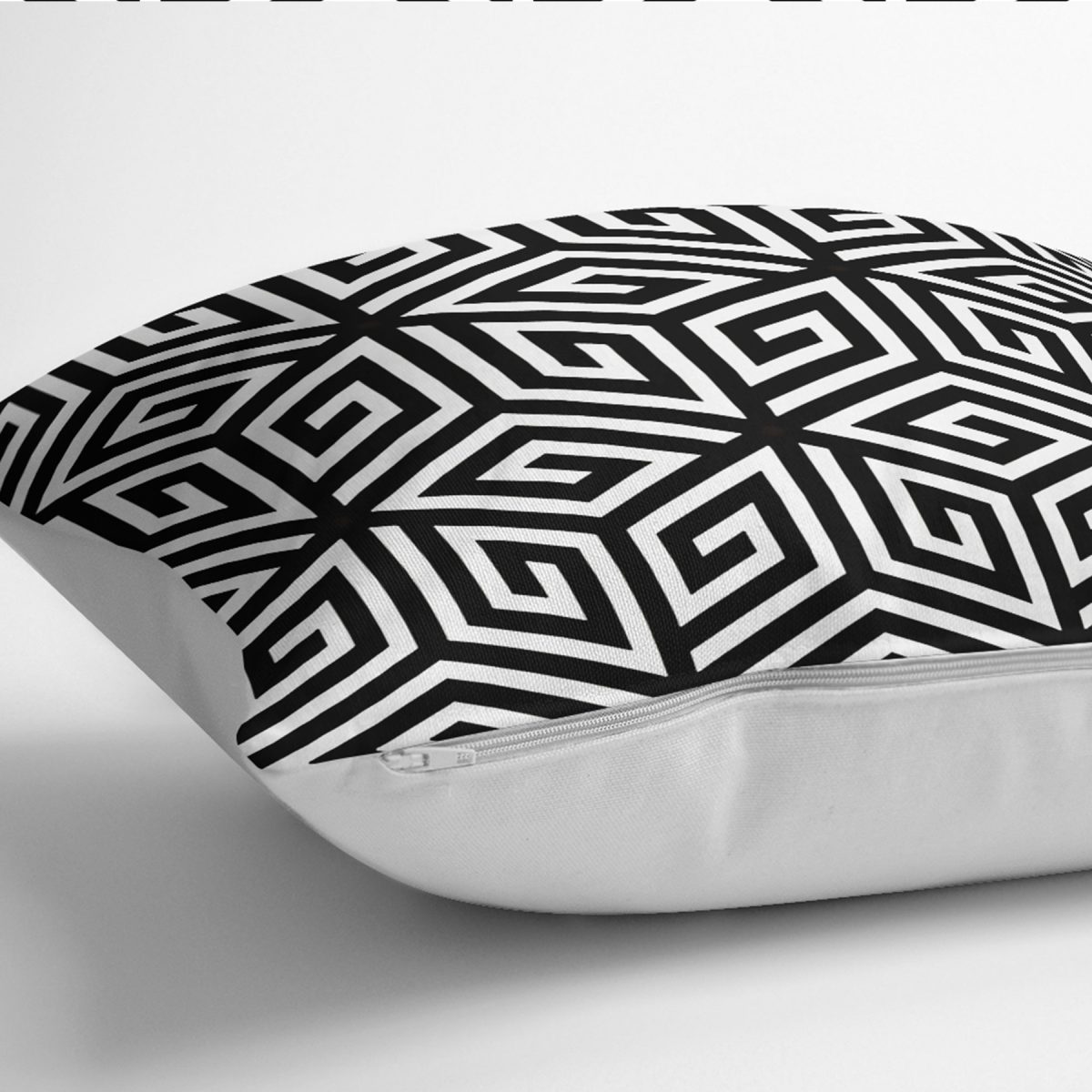 RealHomes Siyah Beyaz Zeminde Geometrik Motifli Mozaik Desenli Dijital Baskılı Yastık Kırlent Kılıfı Realhomes
